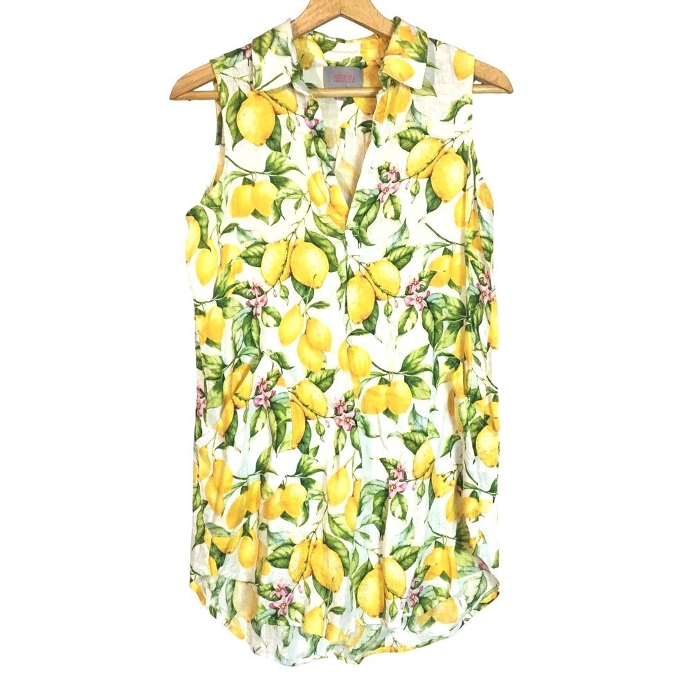 For Cynthia Lemon Print Linen Sleeveless Tunic‎ Top S Yellow